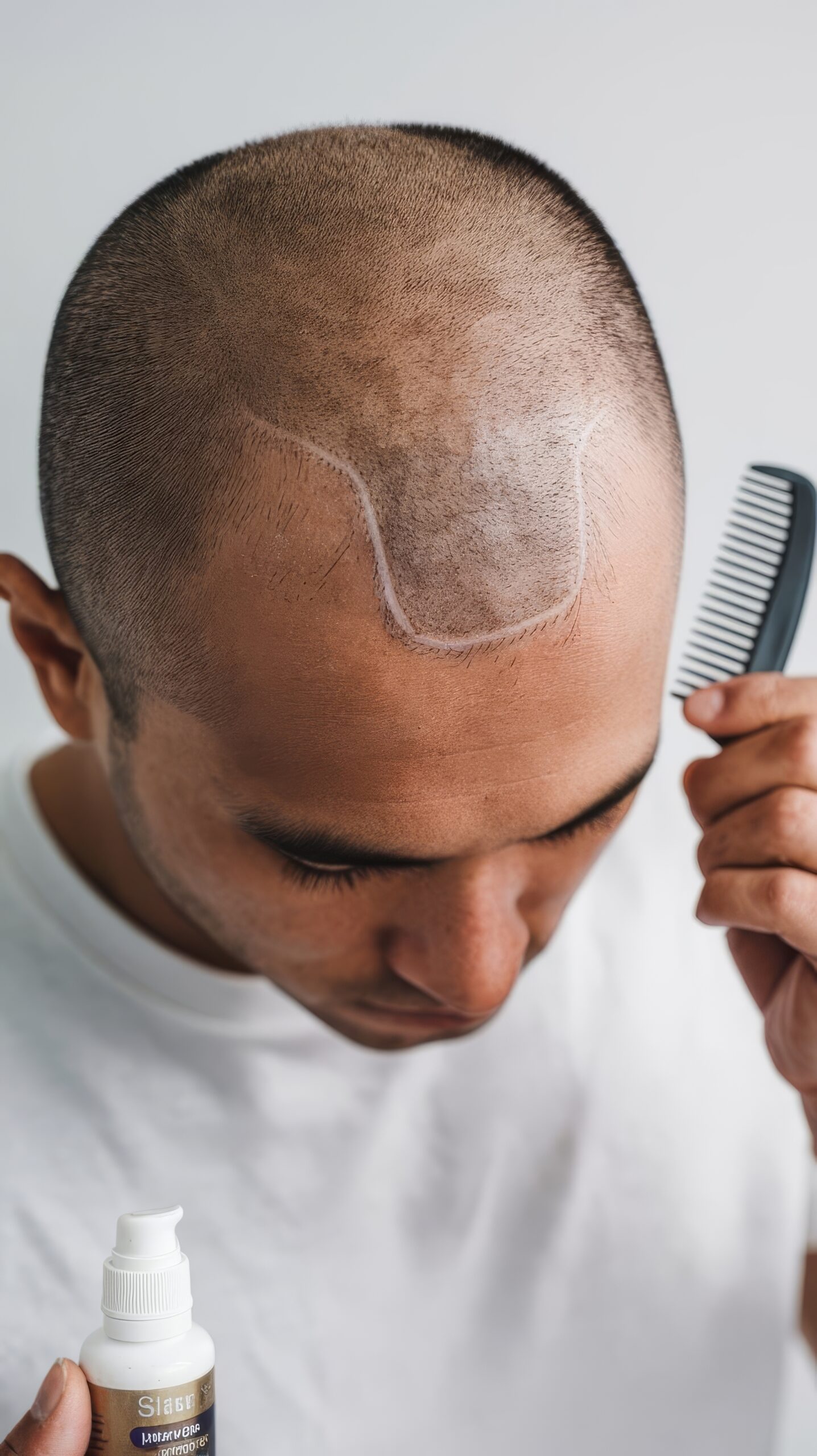 Man holding a comb and a hair product bottle, examining his scalp which shows an area of significant hair loss at the crown being measured or prepared for hair restoration treatment.