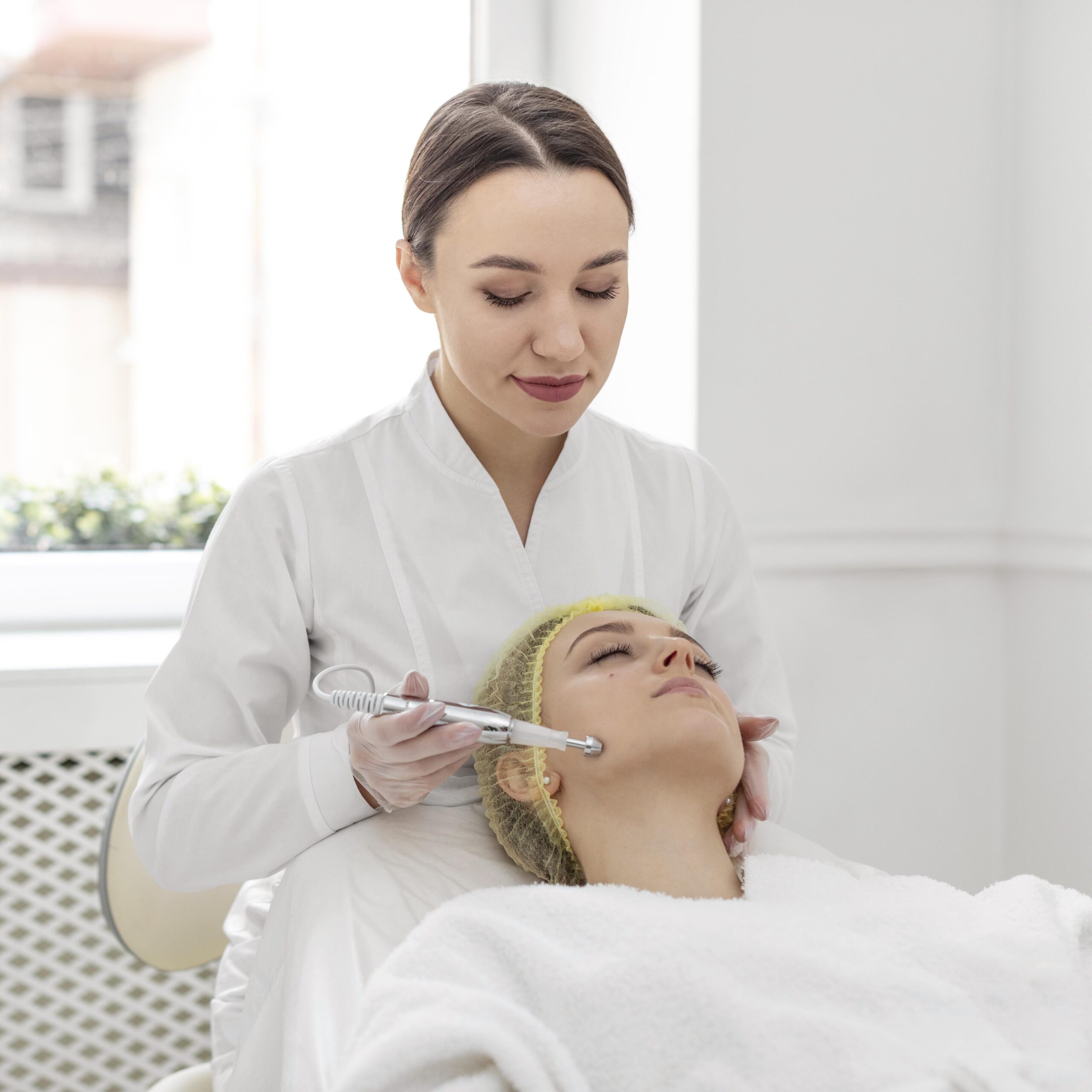 Woman having laser hair removal procedure performed on face