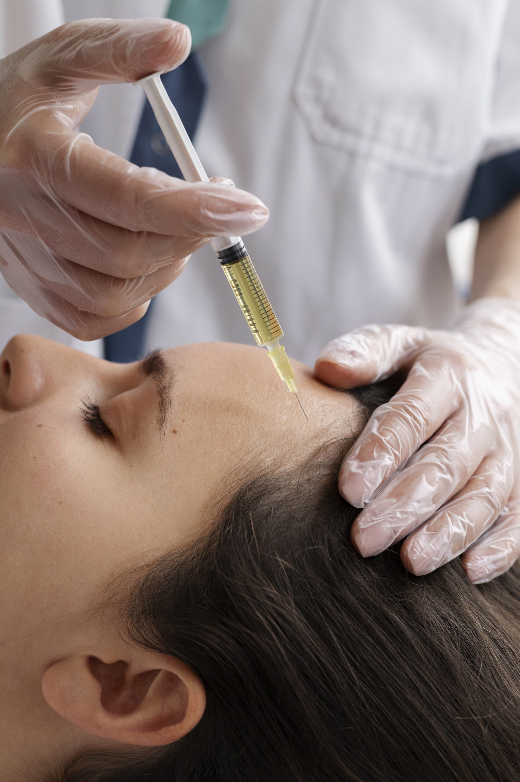 Close-up of a client receiving a Platelet-Rich Plasma (PRP) injection of yellow fluid into their scalp for hair restoration by a professional in clear gloves.