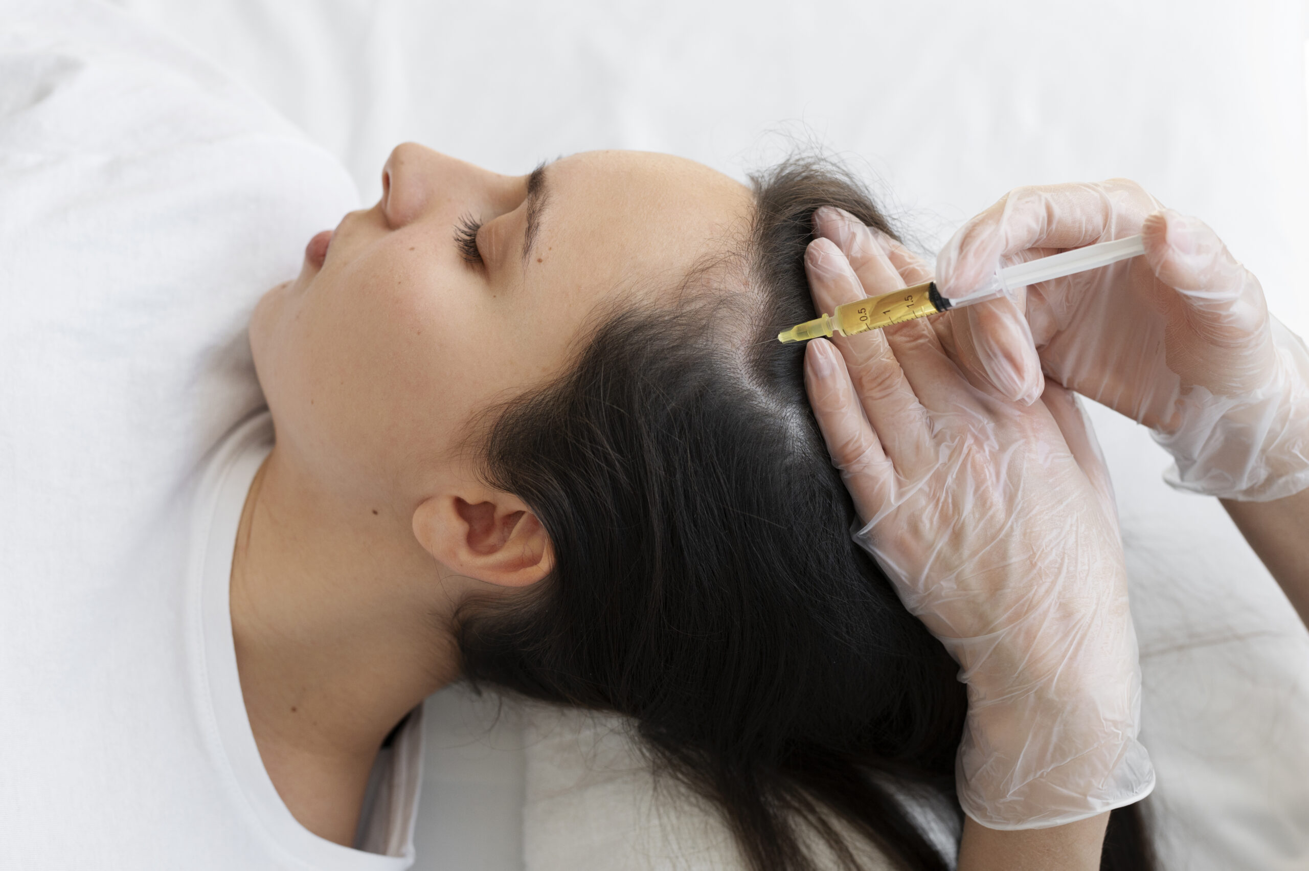 Clinician applying treatment to woman's eyebrow
