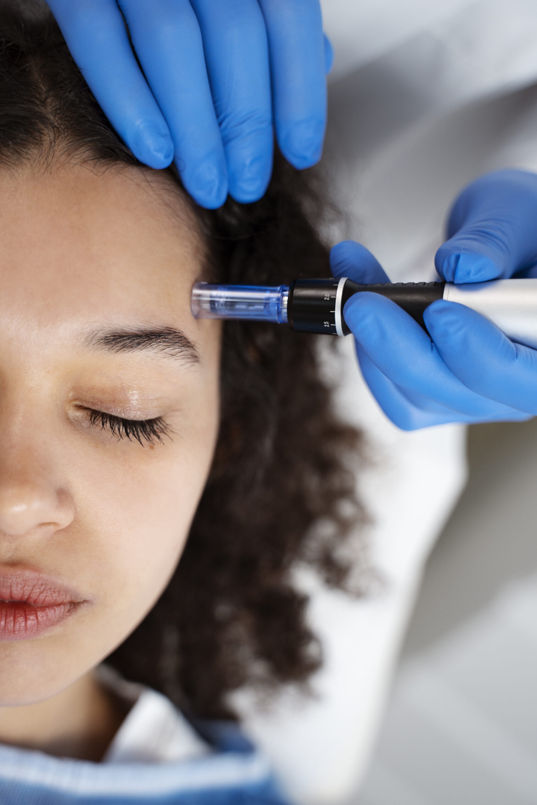 Close-up of a client receiving a microneedling treatment on her forehead with a device held by an aesthetician wearing bright blue gloves.