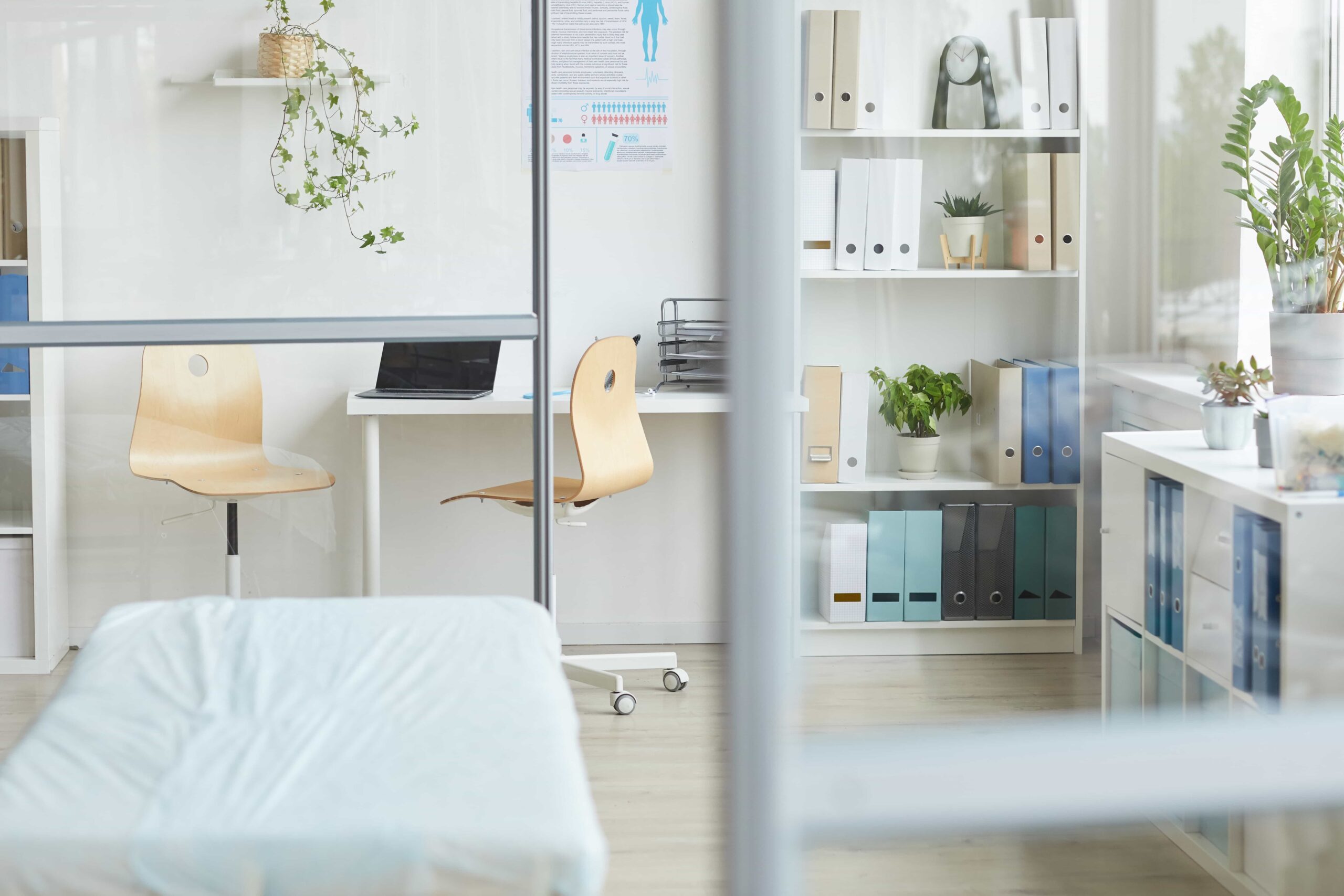 Interior showing physiotherapy clinic with bed. 